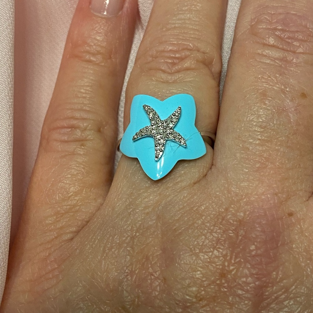 Turquoise and Diamond Starfish Ring in 14k White Gold